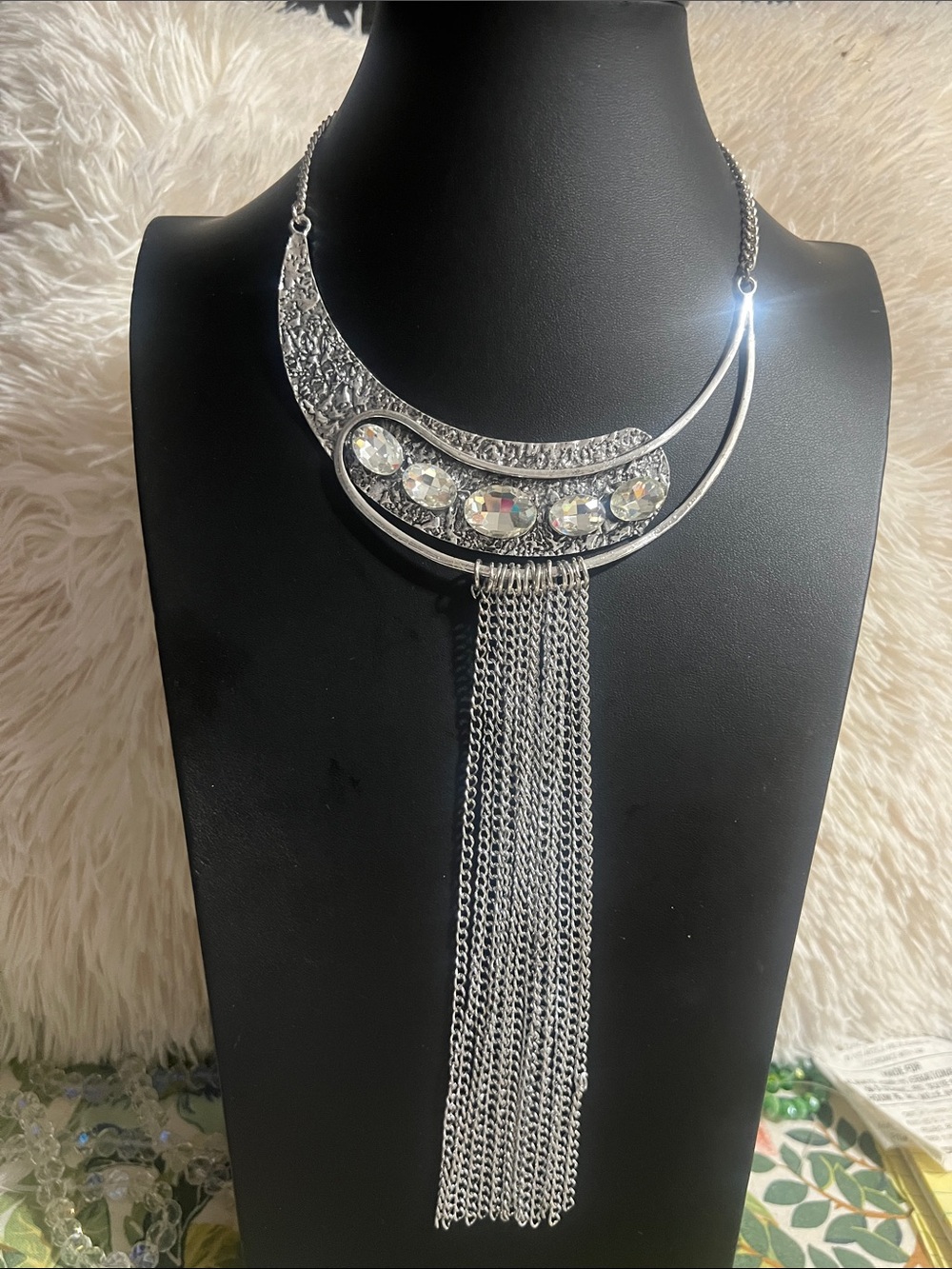 Silver Statement Crescent Necklace with Crystal Accents